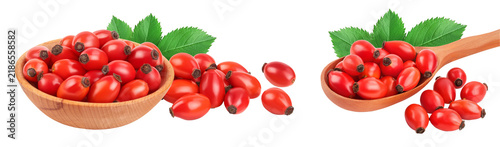 Foto Rose hip in wooden bowl and spoon isolated on a white background with full depth