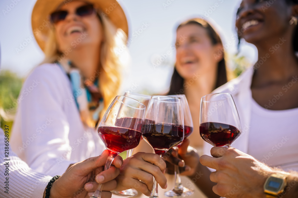 Obraz premium Wine Glasses Raised During Outdoor Vineyard Celebration