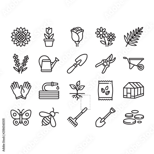 Flower and gardening line icons set, plant care and botany outline vector collection