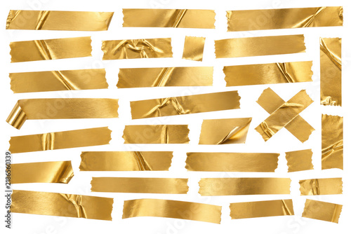 Fotografie Collection of shiny gold adhesive tape strips, 3d render of metallic foil tape p