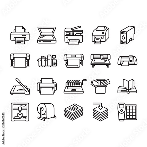Title: Printer line icons set, document printing and office equipment outline vector collection
