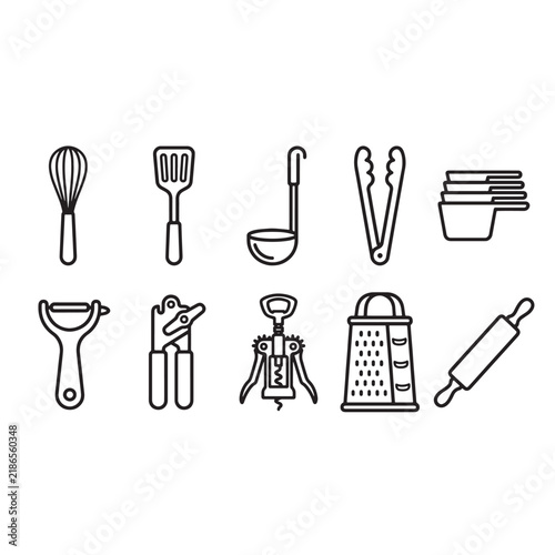 Title: Utensil flat line icons set, kitchen cutlery and cooking tools outline vector collection