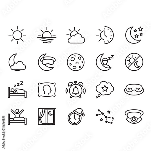 Sun moon day night and sleep line icons set, weather and bedtime outline vector collection