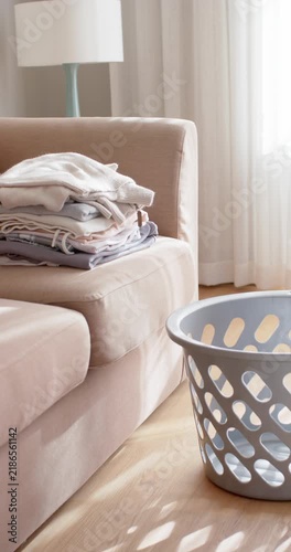 Vertical video: Camera is panning right to reveal folded clothes on sofa and blue basket on floor
