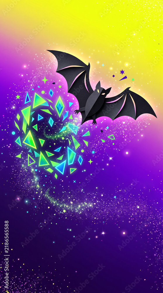 Naklejka premium Black paper bat flying over neon geometric shapes and sparkling particles, symbolizing mystery and magic, perfect for fantasy or holiday themes
