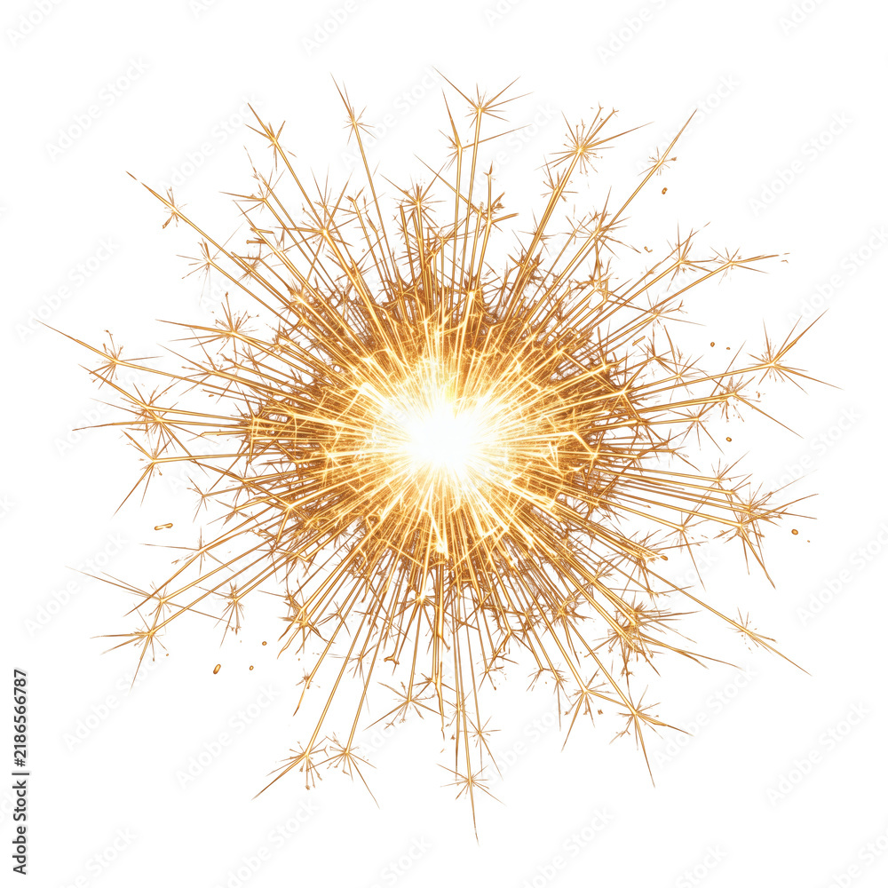 Fototapeta premium A bright golden spark burst radiates outward from a brilliant white central flash. It shows fine star shaped sparks, warm glowing trails and scattered points of light on a transparent background.