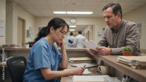 Nurse in blue scrubs filling in paperwork at a clinic reception while a patient waits nearby