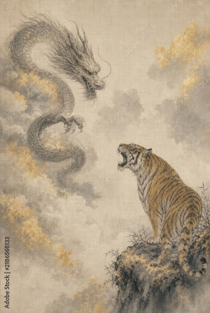 Obraz premium Tiger and dragon face off in dramatic Asian illustration