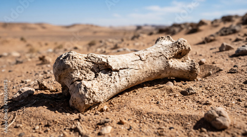 Old weathered animal bone lying on dry arid desert ground