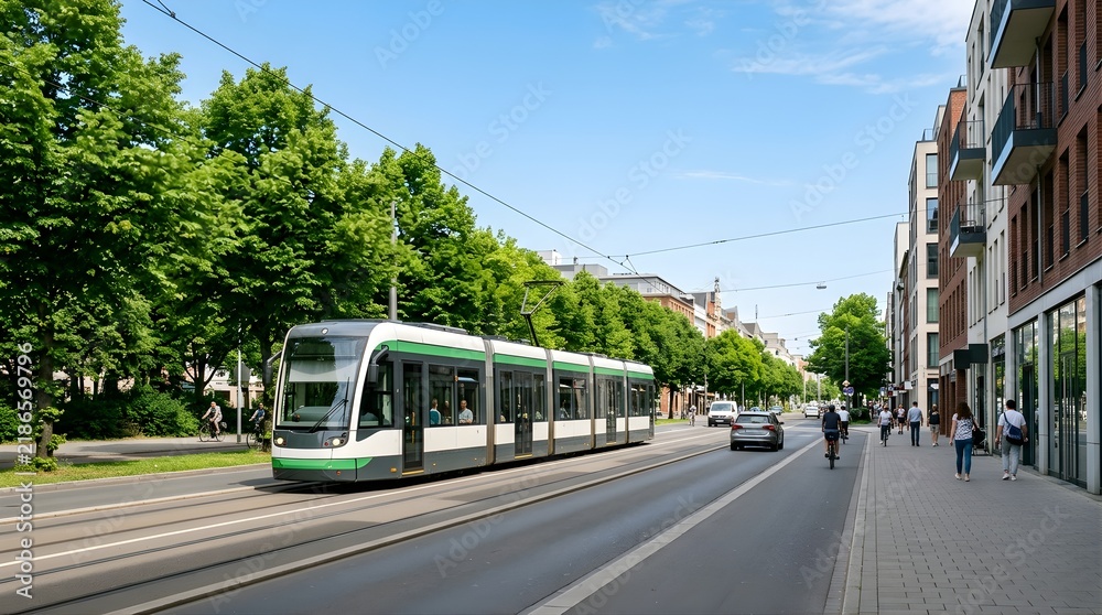 Fototapeta premium Modern tram moving on city street with pedestrians and cyclists on a sunny day