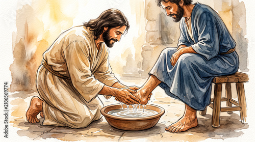 Watercolor illustration of Jesus Christ washing the feet of his disciples.