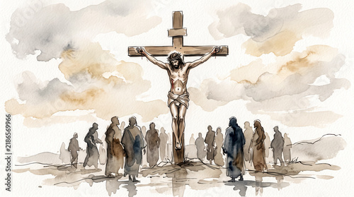 Watercolor painting of Jesus on the cross with people praying in silhouette.