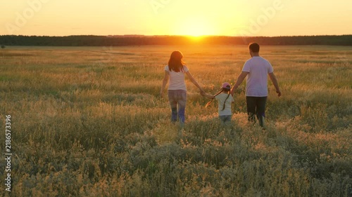 Happy people. Family walks on green grass in meadow. Happy family, child, walking in summer field, holding hands. Mom dad daughter walking together on nature. Parents, children walking in park sunset