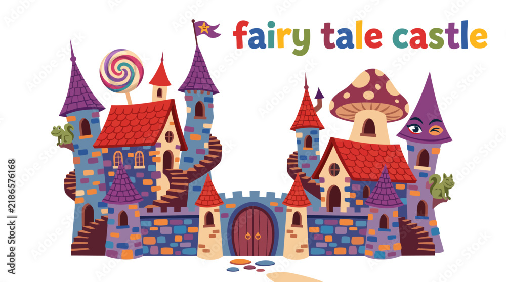 Fototapeta premium fairytale castle with elegant turrets, tall towers, decorative rooftops, magical medieval architecture, charming European landmark, detailed vector illustration for fantasy and decorative designs