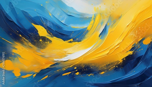 dynamic abstract paint streaks in blue and yellow with splattered texture for modern background or digital design accent