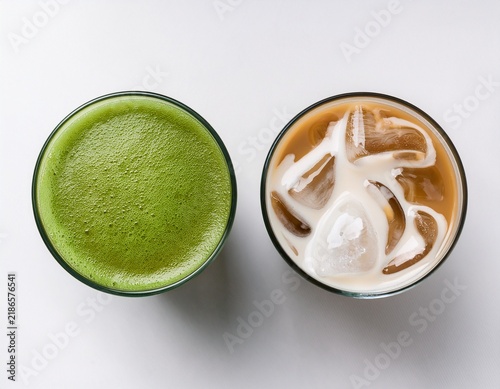 top down view of two refreshing cold beverages vibrant green matcha with froth and ice and creamy brown iced coffee or latte with ice in ribbed glasses against a white backdrop