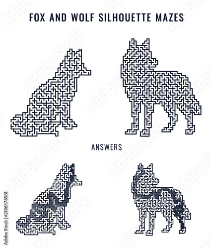 Fox and wolf silhouette maze challenge with two animal shaped labyrinth puzzles and completed answers printable brain activity