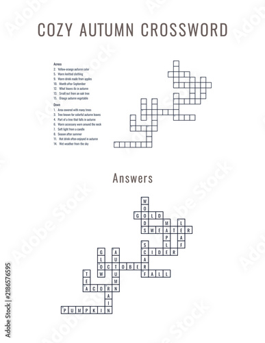 Cozy Autumn Crossword puzzle with fall season vocabulary clues and completed answers printable seasonal word activity
