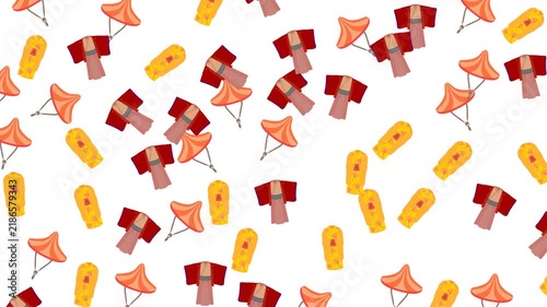 Seamless Japanese pattern featuring traditional kimono, lanterns, and umbrellas