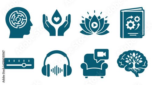 Mental healthcare pictograms illustrating psychological therapy meditation session and brain wellness practice