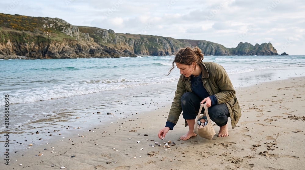 © Ednardo - Coastal Collection: A woman with tousled hair searches the sandy shore for shells, her casual attire suggesting a relaxed day by the sea, with rugged cliffs framing the tranquil blue ocean. © Ednardo - Coastal Collection: A woman with tousled hair searches the sandy shore for shells, her casual attire suggesting a relaxed day by the sea, with rugged cliffs framing the tranquil blue ocean.