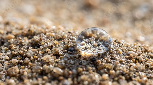 Water Droplet on Sand: A crystal-clear water droplet rests on a textured sandy surface, magnifying the tiny grains of sand beneath it.