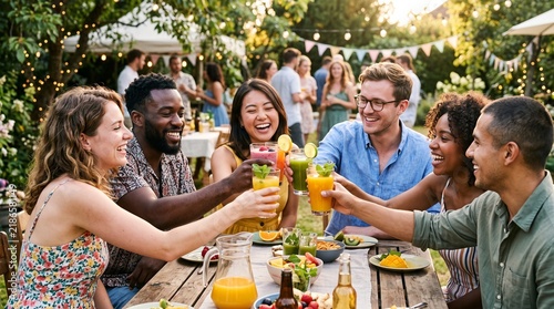Garden Gathering Joy: A group of diverse friends shares laughter and raises a toast with colorful drinks at a vibrant outdoor garden party, celebrating friendship and summer.