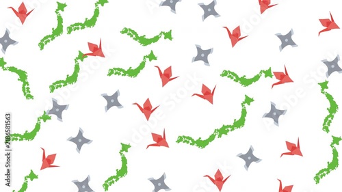 Japanese Pattern Background with Map Outlines Origami Cranes and Shuriken