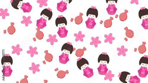 Japanese Kokeshi Doll and Sakura Flower Pattern Background Illustration
