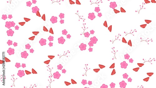 Japanese pattern with pink plum blossoms and traditional tea bowls on white