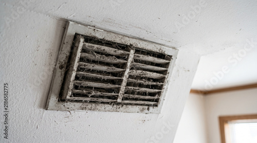 Dirty air vent grill covered in dust and dirt in a home interior  