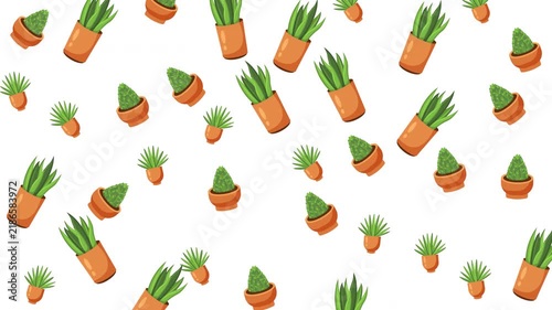 Seamless pattern of various green potted house plants on white background