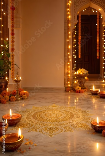Traditional Diwali festival background with glowing oil lamps and golden rangoli