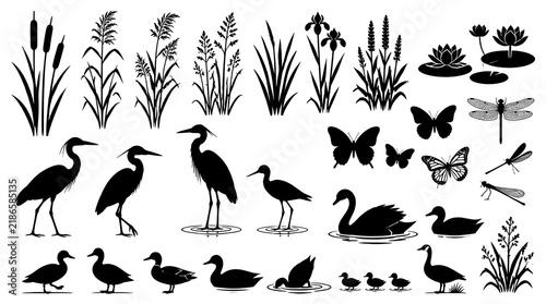 Collection of black silhouettes featuring wetland plants birds and insects