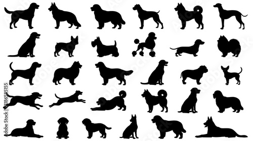 Collection of black dog silhouettes featuring various breeds on a white background