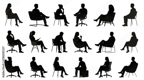 Collection of diverse people silhouettes sitting in various chairs on white background