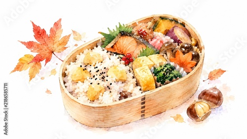 Obraz na płótnie 秋の旬の食材が詰まった彩り豊かな和風お弁当、水彩画イラスト