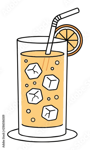 Minimalist line art of a refreshing summer cocktail in a tall glass with an orange slice and drinking straw isolated on white background summer refreshment concept