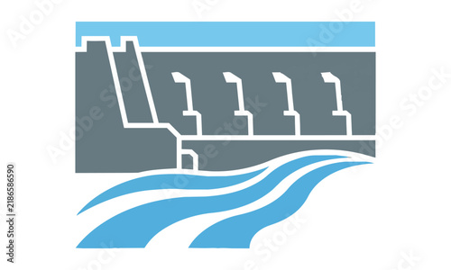 Minimalist icon of a concrete dam with stylized blue water currents using simplified geometric shapes isolated on a white background. Renewable energy concept