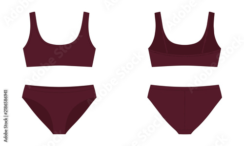 Front and back views of a classic dark maroon two-piece bikini swimsuit for women isolated on white. Swimwear fashion design concept