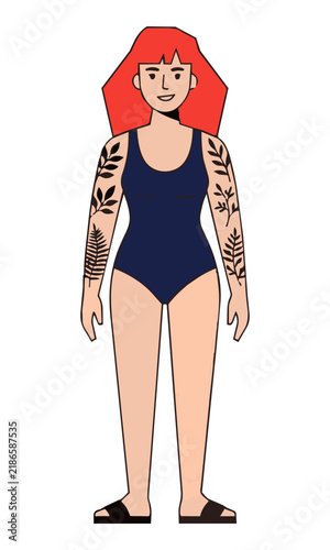 Stylish woman with vibrant red hair wearing a dark navy swimsuit with botanical arm tattoos standing against a plain white background minimalist lifestyle concept