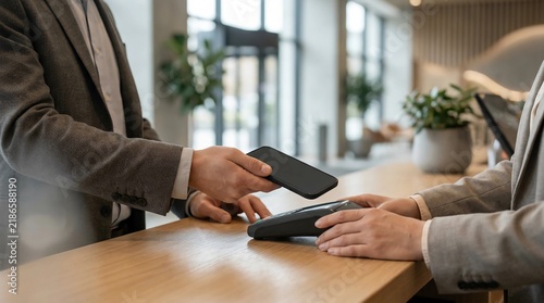 Customer making contactless payment with smartphone at hotel front desk or store counter