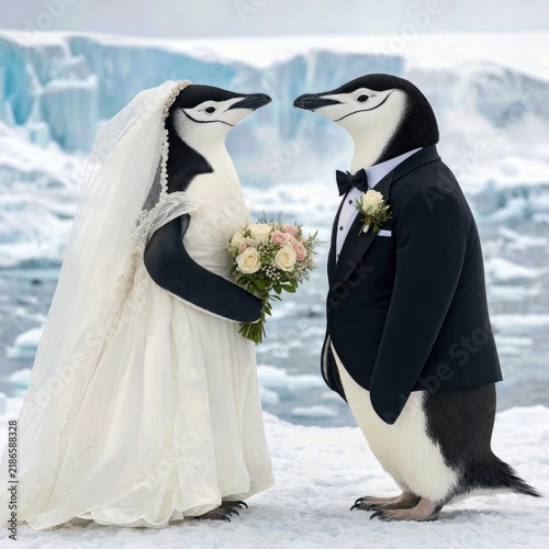 A charming pair of penguins dressed as a bride and groom stands against an icy backdrop, holding a bouquet of flowers