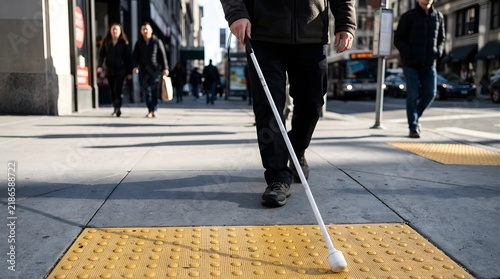 Blind man walking with a white cane on tactile paving in the city