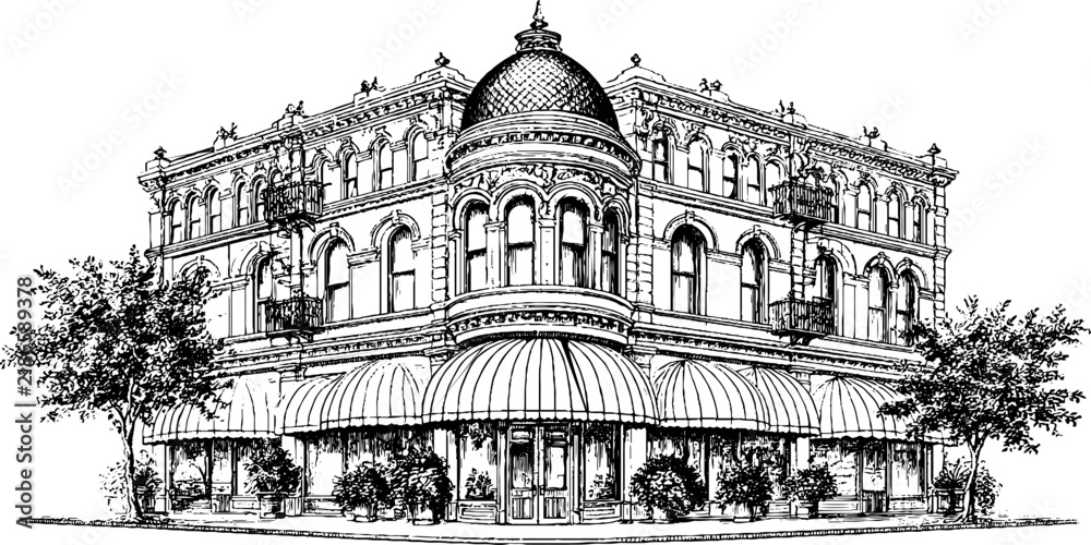 Obraz premium Antique art deco corner building engraving with storefront awnings and turret for architectural background and poster design