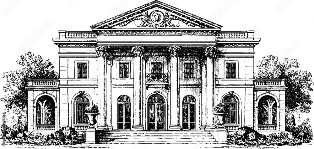 Obraz premium Neoclassical mansion facade engraving with central portico and pilasters for architectural background and historical building poster