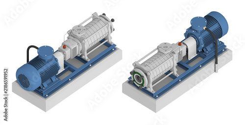 3d rendering set of high pressure multistage centrifugal industrial water pump with electric motor on skid frame from isometric views.