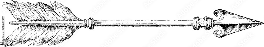 Fototapeta premium Antique engraved arrow with feather and ornate tip isolated on white for valentine's day design element and vintage banner background
