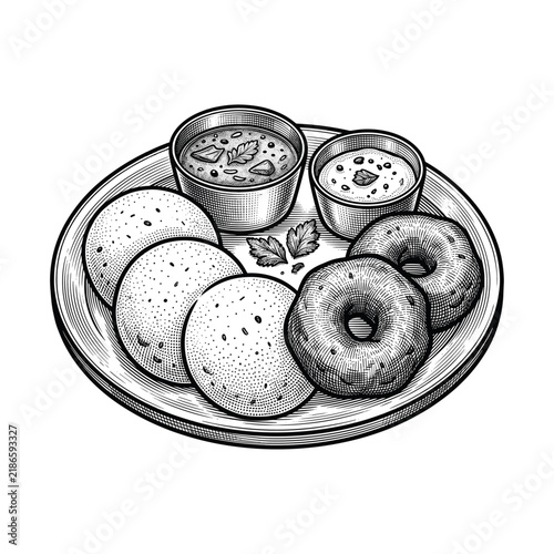 Traditional South Indian Idli Vada Breakfast Food Illustration