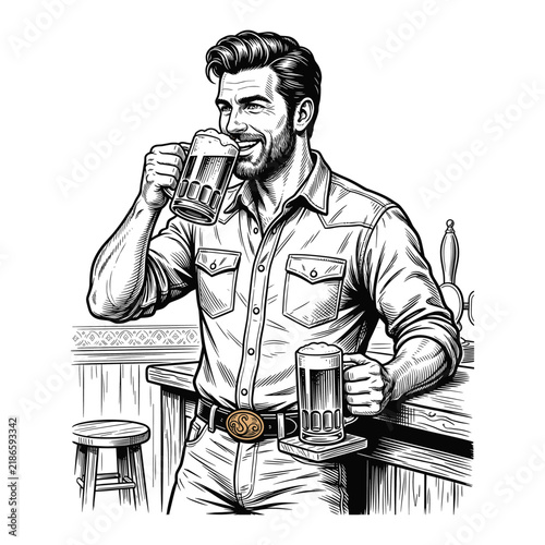 Handsome Man Holding Beverage Vintage Lifestyle Illustration